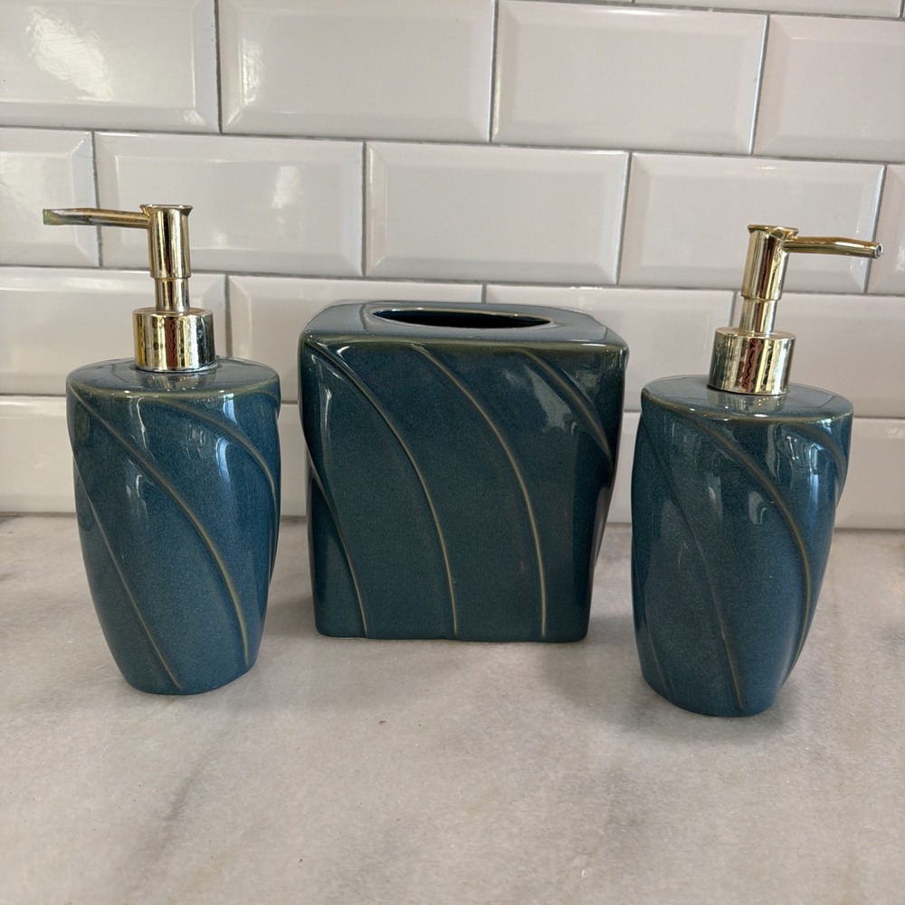 Vintage 1980's Spring Global Ceramic Tissue Cover 2 Soap Dispenser Bath Set ES8
